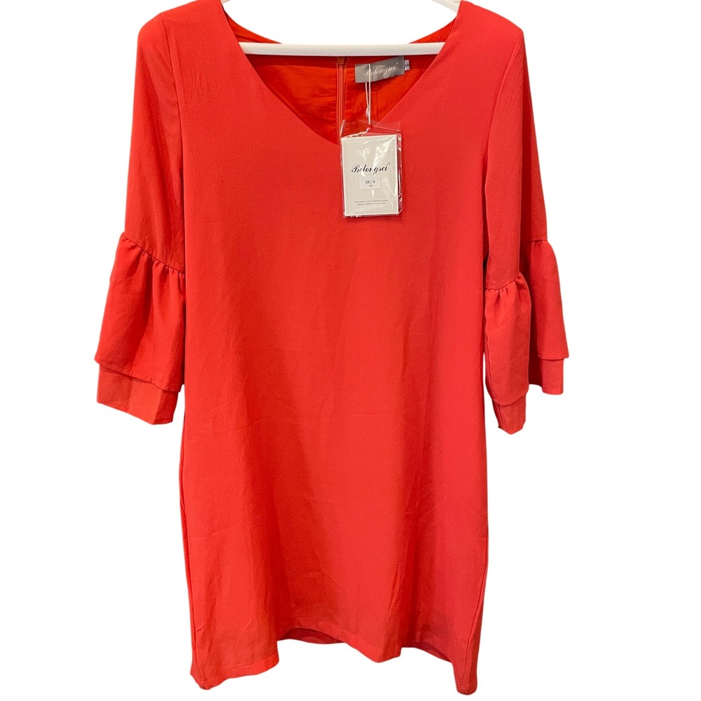 Belongsci Women Orange V-Neck Tiered Ruffle Bell Sleeve Shift Dress Size S NEW